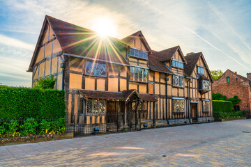 William Shakespeares birthplace place house at sunrise on Henley street in Stratford upon Avon in...