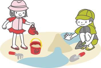 海岸砂浜で水遊びをする子供達のイラスト