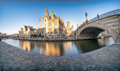 Fototapeta na wymiar Ghent old town promenade panorama in afternoon light. Belgium - long exposure