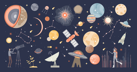 Cosmos collection set and space with stars and galaxies tiny person concept. Astronomy and astrology theme items list with planets, earth, universe and sky research spaceships vector illustration. © VectorMine