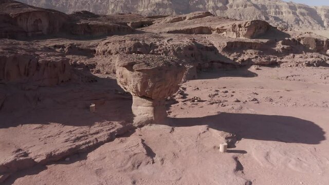 Aerial view over timna park mushroom rock formation
drone view from Israel, 2021
