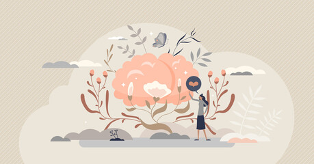 Beautiful brain and mental psychological health care tiny person concept. Body and mind feeling or emotion consciousness and awareness vector illustration. Organ appreciation with floral female scene. - obrazy, fototapety, plakaty