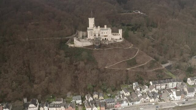 Aerial view over Marksburg Castle in Germany
Marksburg is a castle above the Braubach town in Rhineland-Palatinate, Germany
