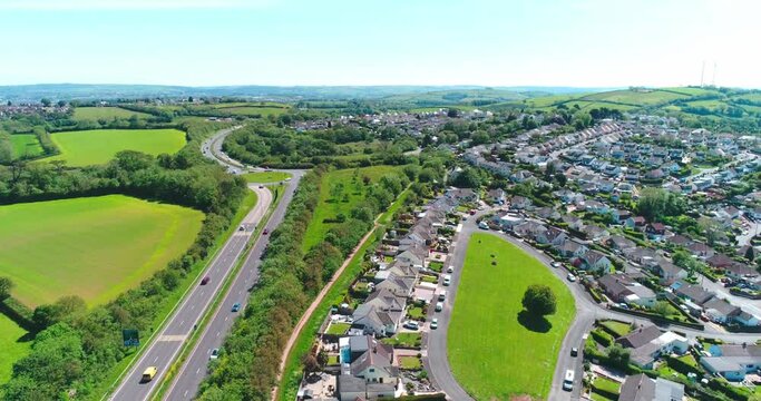 Descending shot of Marldon and hellevoetsluis way in Devon England
