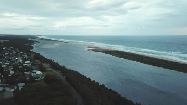 Aerial views over Marlo and the mouth of the Snowy River later in the afternoon, Gippsland, Victoria, Australia, December 2020