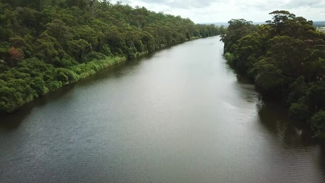 Drone footage over the Snowy River between Marlo and Orbost, in Gippsland, Victoria, Australia, December 2020