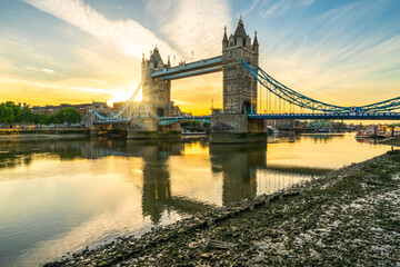Tower Bridge in London at sunrise. England