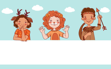 Cute kids in carnival costumes. Vector illustration
