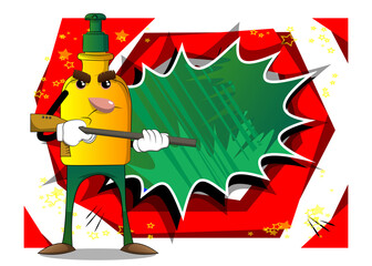 Cartoon bottle of hand sanitizer gel for hygiene with face with a big gun.