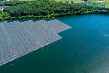 Aerial view of Floating solar panels cell platform system on the lake