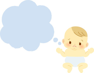 イラスト素材：おむつ姿で困った表情の赤ちゃん＿吹き出し水色塗りつぶし＿ベビー全身
