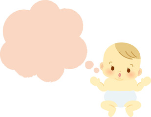 イラスト素材：おむつ姿で困った表情の赤ちゃん＿吹き出しピンク塗りつぶし＿ベビー全身
