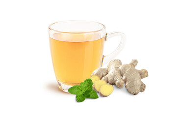 Glass cup of ginger tea with ginger root and mint isolated on white background.