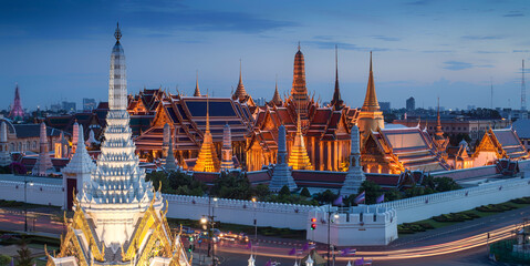 Grand palace and Wat phra keaw at sunset Bangkok, Thailand. Beautiful Landmark of Asia. Temple of the Emerald Buddha. landscape of the capital city. view of thailand