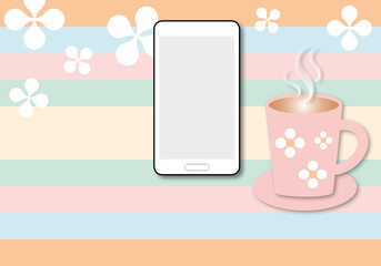 Mobile phone and a cup of coffee on pastel colourful background, Communication, Social network, Media, Connection, space for the text, paper cut style.