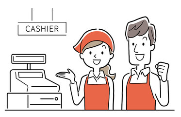 ベクターイラスト素材：スーパーのレジで働く男性と女性

