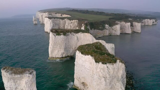 Aerial view over the white cliffs of Dover near Old Harry Rocks 
Drone view from the south coast of England, 2021
