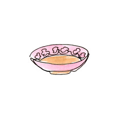 Bowl. Plate. Kitchen utensils and cooking utensils. Single line.The illustration is hand-drawn in liner and watercolour.