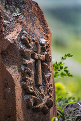Vertical shot of a historic Armenian khachkar