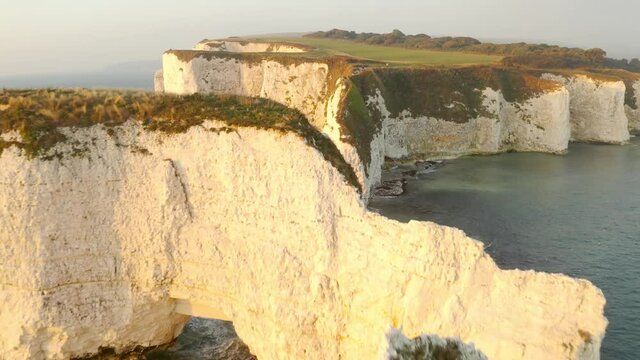 Aerial view over the white cliffs of Dover near Old Harry Rocks 
Drone view from the south coast of England, 2021
