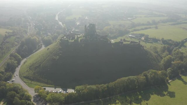 Aerial view over Corfe Castle in Dorset, England
Drone view from England, 2021
