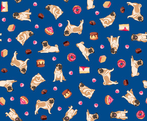 Pug with cakes, seamless pattern for fabric, navy background