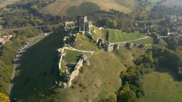 Aerial view over Corfe Castle in Dorset, England
Drone view from England, 2021

