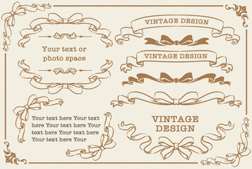 アンティークなリボンの装飾フレーム、飾り罫、オーナメントのベクターセット