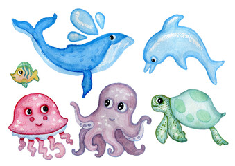 Sea animals underwater life cute watercolor characters