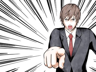 漫画風カラー_指差して怒るサラリーマン_集中線あり