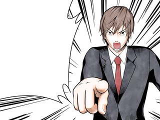 漫画風カラー_指差して怒るサラリーマン_集中線・吹き出しあり