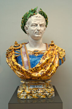 Bust of Tiberius  Emperor of Rome from AD 14 to 37 by Angelo Minghetti (1822–1885) an Italian ceramist and painter, Victoria and Albert Museum, London 