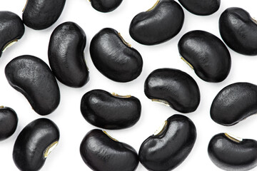 black beans ( Urad dal, black gram, vigna mungo ) isolated on white background . Top view. Flat lay. 