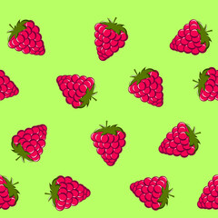 Seamless pattern with raspberries  on a  green isolated background. Summer minimalistic background