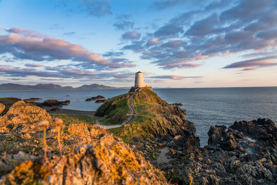 Ty Mawr Lighthouse at sunset on Llanddwyn Island in North Wales