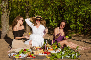 Cheerful women are resting in nature with wine. Beautiful woman in sunglasses are having fun on picnic on beach. Girlfriends drink wine and eat fresh fruit. Stylish in dresses on vacation on sunny day