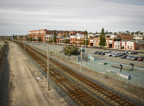 skateboard park beside train tracks in Fremantle