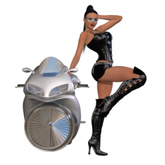 Fototapeta na wymiar 3d illustration of a sexy woman with a futuristic jet bike 