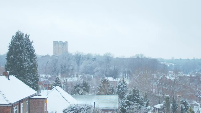 A view of Conisbrough covered in snow.