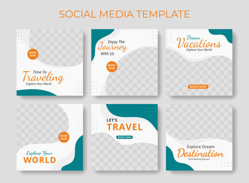 Editable template post for social media ad. Instagram template post. web banner ads for travel promotion .design with blue and orange color. 