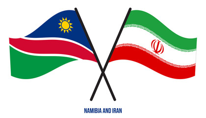 Namibia and Iran Flags Crossed And Waving Flat Style. Official Proportion. Correct Colors.