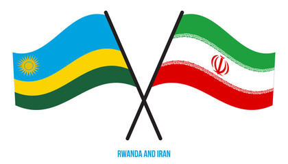 Rwanda and Iran Flags Crossed And Waving Flat Style. Official Proportion. Correct Colors.