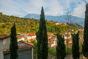 BERAT, ALBANIA: Beautiful landscape with mountain view in Berat.