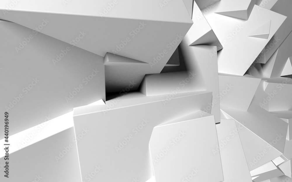 Poster Abstract background with white 3D shapes flying in the light as a messy array or chaotic structure for any pastel backdrop. 3D illustration.