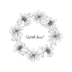 Decorative botanical wreath, round frame Kosmos flower, kosmeya hand drawn doodle ink sketch illustration, wild flower astra, floral design for greeting card, wedding invite, cosmetic packaging