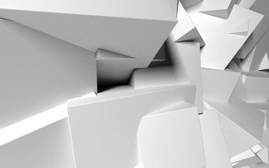Abstract background with white 3D shapes flying in the light as a messy array or chaotic structure for any pastel backdrop. 3D illustration.