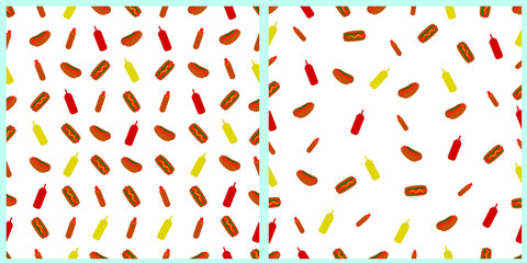 Set of seamless vector patterns. National Hot Dog Day. Hot dog, ketchup and mustard. Can be used for postcards, mugs, brochures, posters, and other promotional marketing materials. White isored backgr