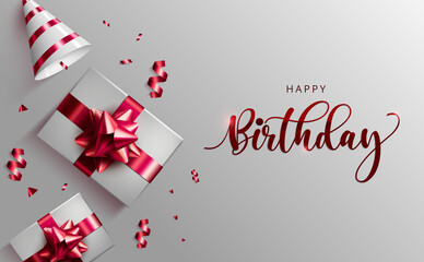 Happy birthday vector banner template. Happy birthday greeting text with gifts, party hat and confetti elements in white background for birth day celebration design. Vector illustration
