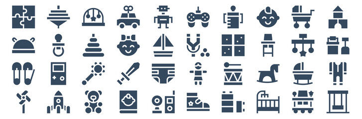 Fototapeta na wymiar set of 40 baby and toys web icons in glyph style such as toy windmill, clothes pin, baby hat, wind, slingshot, swing. vector illustration.