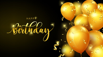 Birthday balloons vector banner template. Happy birthday greeting text with elegant gold balloons and confetti element in black background for celebrating birth day design. Vector illustration
